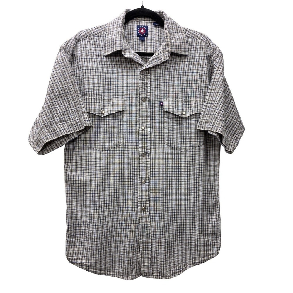 Panhandle Slim Mens Short Sleeve Western Pearl Snap Plaid Shirt Blue‎ Tan Size M